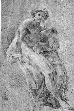 A seated Nude holding a Cross